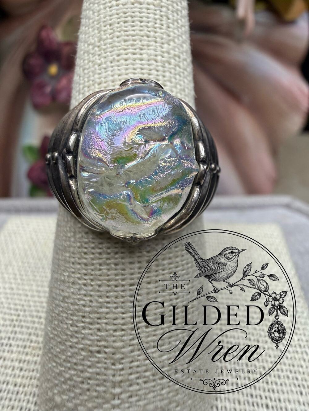 Sterling Silver Faux Roman Glass Style Adjustable Ring Iridescent Resin Sz 7.75